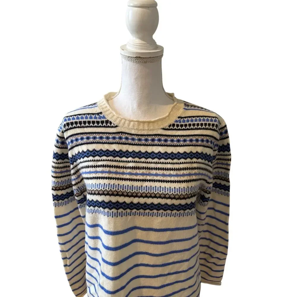 J Crew Fair Isle Crewneck Sweater Off White Blue Print M
